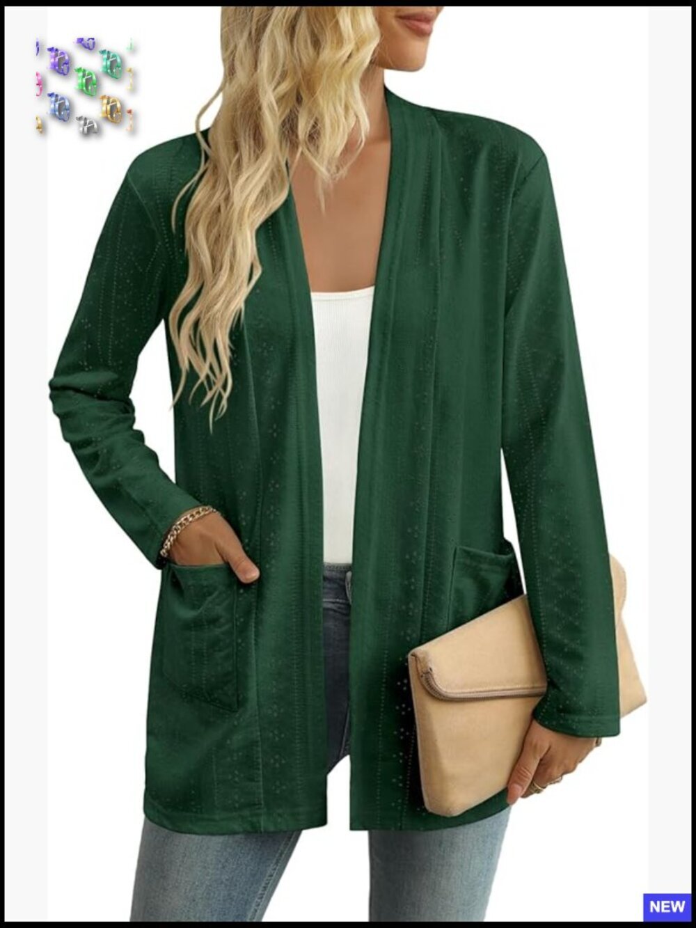 Lightweight Open Front Cardigan Long Sleeve Loose Fit Chic Eyelet Design Pockets